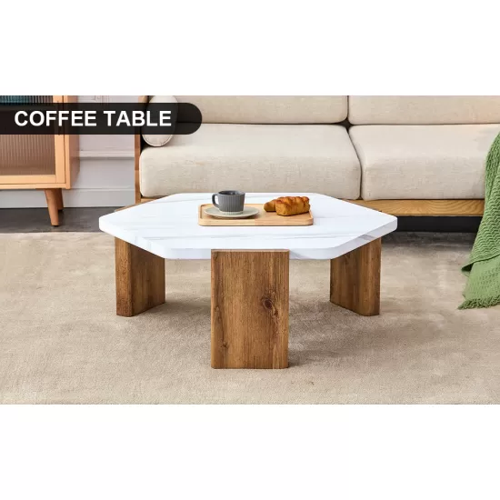 Modern practical MDF coffee table with white tabletop and wooden toned legs. Suitable for living rooms and guest rooms. Modern practical MDF coffee table with white tabletop and wooden toned legs. Suitable for living rooms and guest rooms.