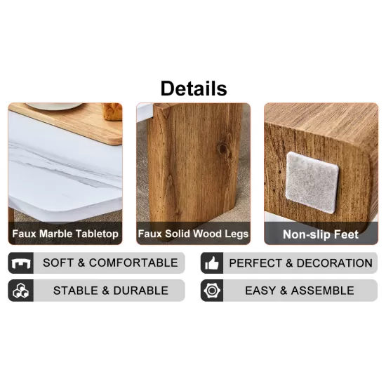 Modern practical MDF coffee table with white tabletop and wooden toned legs. Suitable for living rooms and guest rooms. Modern practical MDF coffee table with white tabletop and wooden toned legs. Suitable for living rooms and guest rooms.