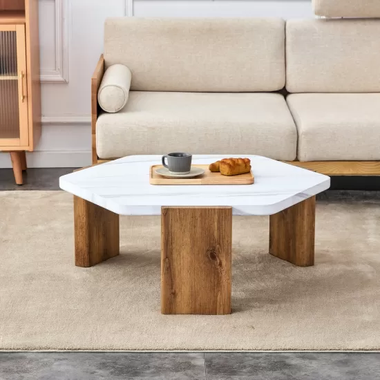 Modern practical MDF coffee table with white tabletop and wooden toned legs. Suitable for living rooms and guest rooms. Modern practical MDF coffee table with white tabletop and wooden toned legs. Suitable for living rooms and guest rooms.