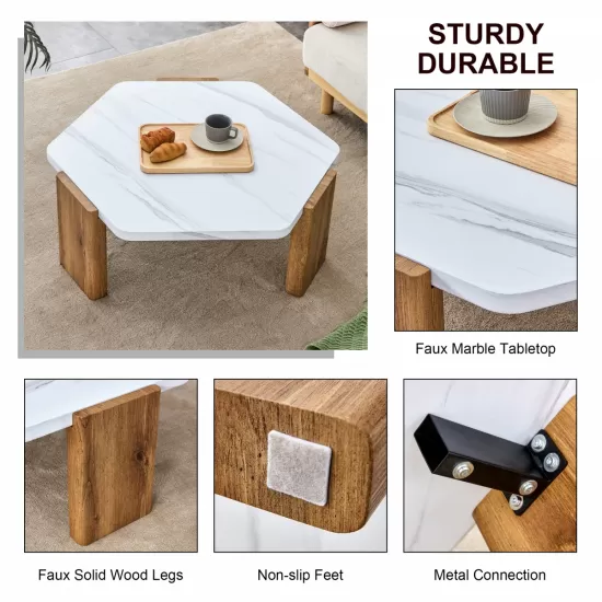 Modern practical MDF coffee table with white tabletop and wooden toned legs. Suitable for living rooms and guest rooms. Modern practical MDF coffee table with white tabletop and wooden toned legs. Suitable for living rooms and guest rooms.