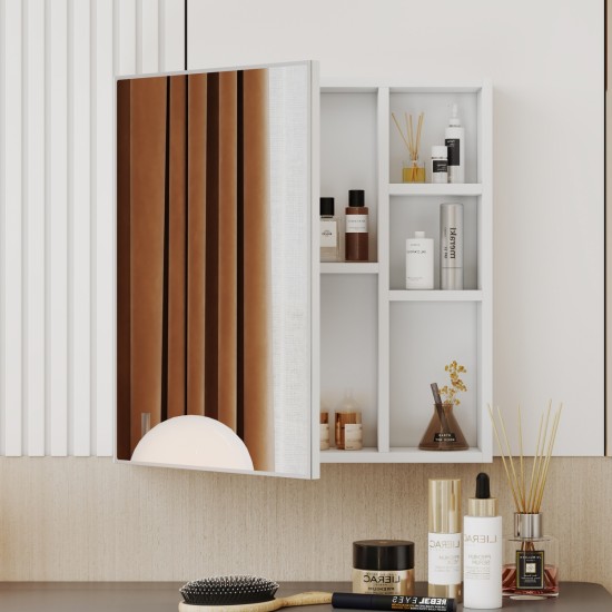 A white MDF material mirror cabinet, bathroom mirror, and a separate wall mounted bathroom mirror for storage and space saving.