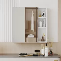 A white MDF material mirror cabinet, bathroom mirror, and a separate wall mounted bathroom mirror for storage and space saving. A white MDF material mirror cabinet, bathroom mirror, and a separate wall mounted bathroom mirror for storage and space saving.