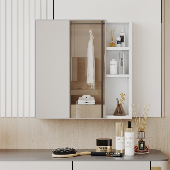 A white MDF material mirror cabinet, bathroom mirror, and a separate wall mounted bathroom mirror for storage and space saving.