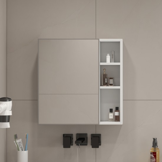 A white MDF material mirror cabinet, bathroom mirror, and a separate wall mounted bathroom mirror for storage and space saving.