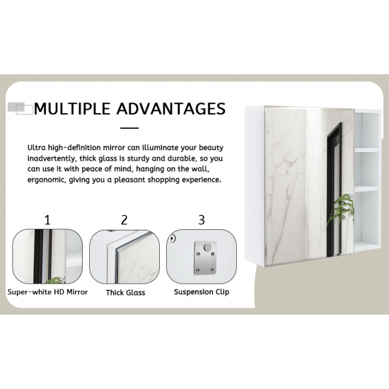 A white MDF material mirror cabinet, bathroom mirror, and a separate wall mounted bathroom mirror for storage and space saving.