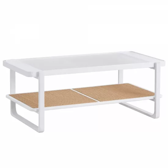 Modern minimalist white double layered solid wood coffee table. Glass tabletop, imitation rattan edge table. Rectangular table suitable for living room, dining room, and bedroom Modern minimalist white double layered solid wood coffee table. Glass tabletop, imitation rattan edge table. Rectangular table suitable for living room, dining room, and bedroom