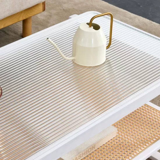 Modern minimalist white double layered solid wood coffee table. Glass tabletop, imitation rattan edge table. Rectangular table suitable for living room, dining room, and bedroom Modern minimalist white double layered solid wood coffee table. Glass tabletop, imitation rattan edge table. Rectangular table suitable for living room, dining room, and bedroom