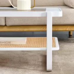 Modern minimalist white double layered solid wood coffee table. Glass tabletop, imitation rattan  edge table. Rectangular table suitable for living room, dining room, and bedroom