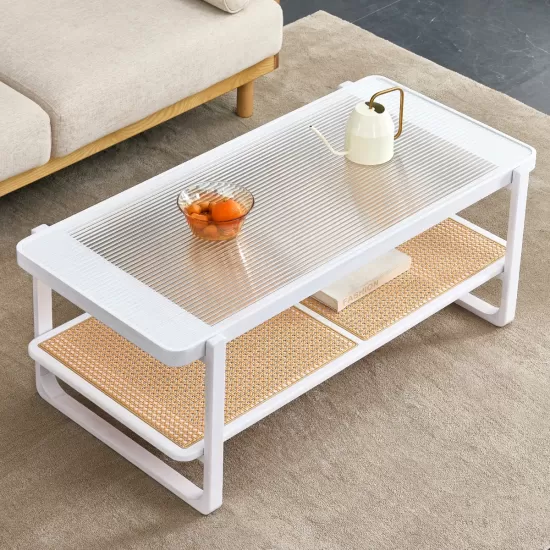 Modern minimalist white double layered solid wood coffee table. Glass tabletop, imitation rattan edge table. Rectangular table suitable for living room, dining room, and bedroom Modern minimalist white double layered solid wood coffee table. Glass tabletop, imitation rattan edge table. Rectangular table suitable for living room, dining room, and bedroom