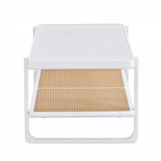 Modern minimalist white double layered solid wood coffee table. Glass tabletop, imitation rattan edge table. Rectangular table suitable for living room, dining room, and bedroom Modern minimalist white double layered solid wood coffee table. Glass tabletop, imitation rattan edge table. Rectangular table suitable for living room, dining room, and bedroom