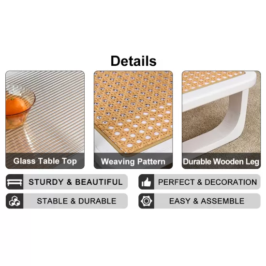 Modern minimalist white double layered solid wood coffee table. Glass tabletop, imitation rattan edge table. Rectangular table suitable for living room, dining room, and bedroom Modern minimalist white double layered solid wood coffee table. Glass tabletop, imitation rattan edge table. Rectangular table suitable for living room, dining room, and bedroom