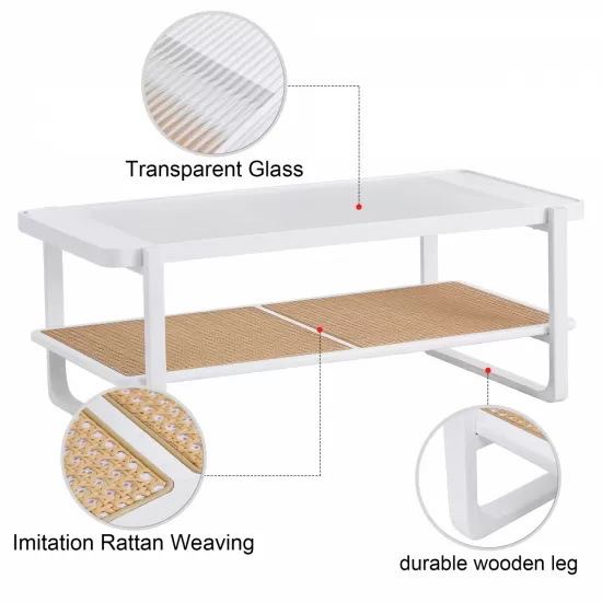 Modern minimalist white double layered solid wood coffee table. Glass tabletop, imitation rattan edge table. Rectangular table suitable for living room, dining room, and bedroom Modern minimalist white double layered solid wood coffee table. Glass tabletop, imitation rattan edge table. Rectangular table suitable for living room, dining room, and bedroom