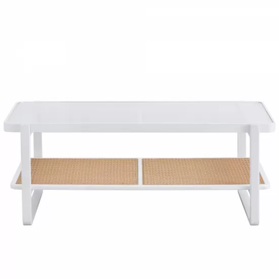 Modern minimalist white double layered solid wood coffee table. Glass tabletop, imitation rattan edge table. Rectangular table suitable for living room, dining room, and bedroom Modern minimalist white double layered solid wood coffee table. Glass tabletop, imitation rattan edge table. Rectangular table suitable for living room, dining room, and bedroom