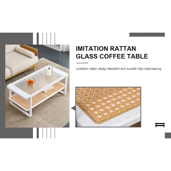Modern minimalist white double layered solid wood coffee table. Glass tabletop, imitation rattan edge table. Rectangular table suitable for living room, dining room, and bedroom Modern minimalist white double layered solid wood coffee table. Glass tabletop, imitation rattan edge table. Rectangular table suitable for living room, dining room, and bedroom