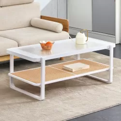 Modern minimalist white double layered solid wood coffee table. Glass tabletop, imitation rattan  edge table. Rectangular table suitable for living room, dining room, and bedroom