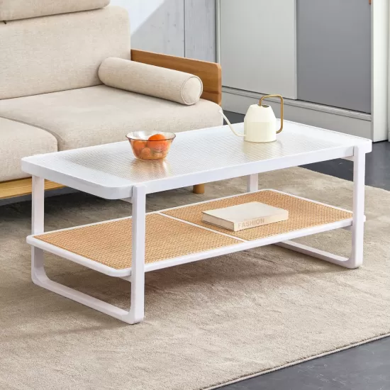 Modern minimalist white double layered solid wood coffee table. Glass tabletop, imitation rattan edge table. Rectangular table suitable for living room, dining room, and bedroom Modern minimalist white double layered solid wood coffee table. Glass tabletop, imitation rattan edge table. Rectangular table suitable for living room, dining room, and bedroom