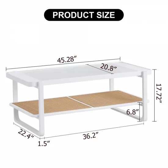 Modern minimalist white double layered solid wood coffee table. Glass tabletop, imitation rattan edge table. Rectangular table suitable for living room, dining room, and bedroom Modern minimalist white double layered solid wood coffee table. Glass tabletop, imitation rattan edge table. Rectangular table suitable for living room, dining room, and bedroom