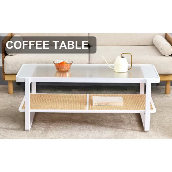 Modern minimalist white double layered solid wood coffee table. Glass tabletop, imitation rattan edge table. Rectangular table suitable for living room, dining room, and bedroom Modern minimalist white double layered solid wood coffee table. Glass tabletop, imitation rattan edge table. Rectangular table suitable for living room, dining room, and bedroom