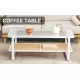 Modern minimalist white double layered solid wood coffee table. Glass tabletop, imitation rattan edge table. Rectangular table suitable for living room, dining room, and bedroom Modern minimalist white double layered solid wood coffee table. Glass tabletop, imitation rattan edge table. Rectangular table suitable for living room, dining room, and bedroom
