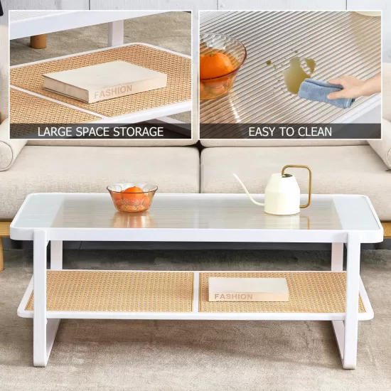 Modern minimalist white double layered solid wood coffee table. Glass tabletop, imitation rattan edge table. Rectangular table suitable for living room, dining room, and bedroom Modern minimalist white double layered solid wood coffee table. Glass tabletop, imitation rattan edge table. Rectangular table suitable for living room, dining room, and bedroom