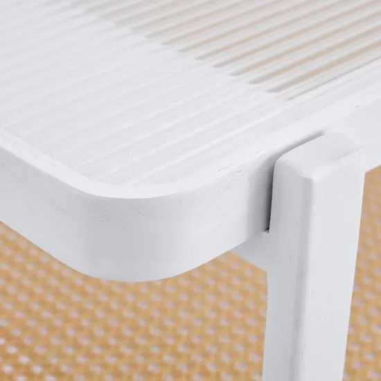 Modern minimalist white double layered solid wood coffee table. Glass tabletop, imitation rattan edge table. Rectangular table suitable for living room, dining room, and bedroom Modern minimalist white double layered solid wood coffee table. Glass tabletop, imitation rattan edge table. Rectangular table suitable for living room, dining room, and bedroom