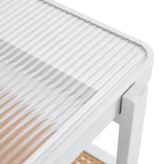 Modern minimalist white double layered solid wood coffee table. Glass tabletop, imitation rattan edge table. Rectangular table suitable for living room, dining room, and bedroom Modern minimalist white double layered solid wood coffee table. Glass tabletop, imitation rattan edge table. Rectangular table suitable for living room, dining room, and bedroom