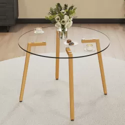 Modern minimalist style circular transparent tempered glass dining table, tempered glass tabletop and wooden colored metal legs, suitable for kitchen, dining room, and living room, 42