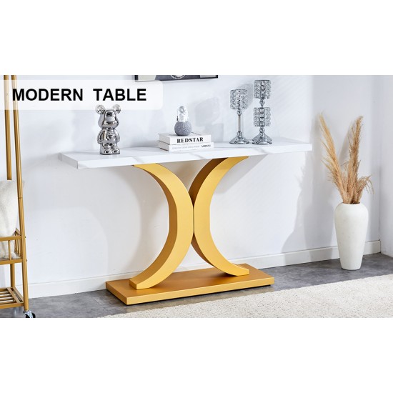 A modern minimalist style foyer table with white tabletop, gold bracket, and bottom plate, enhancing the beauty and artistic atmosphere of the home, suitable for the foyer FXG