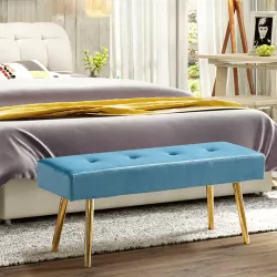 Long Bench Bedroom Bed End Stool Bed Benches Blue Tufted Velvet With Gold Legs Long Bench Bedroom Bed End Stool Bed Benches Blue Tufted Velvet With Gold Legs