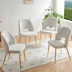 Off White Faux Fur Dining Chairs with Metal Legs and Hollow Back Upholstered Dining Chairs Set of 4