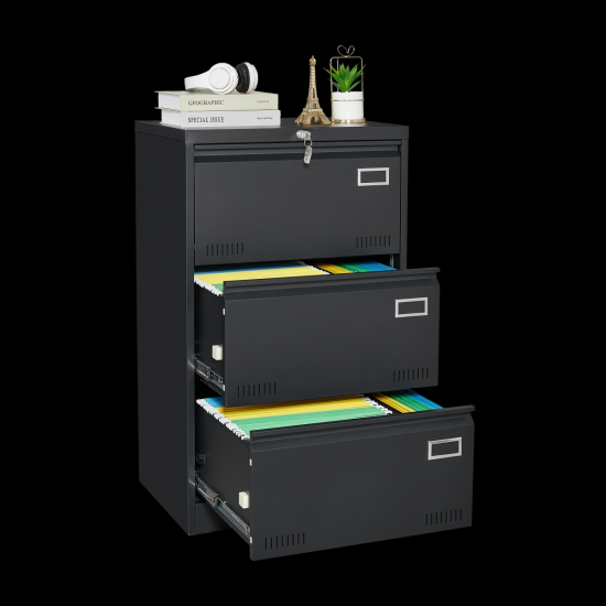 Filing Cabinet Lateral File Cabinet 3 Drawer, Blcak Locking Metal File Cabinets Three Drawer, Office Filing Cabinet with Lock Drawers for Home Office/Legal/Letter/A4/F4