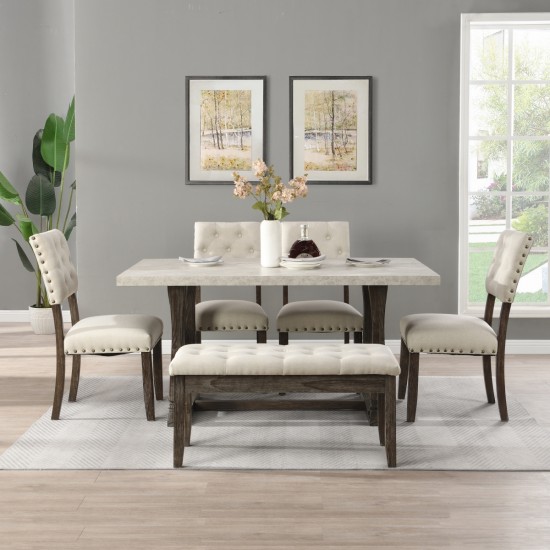 60 inch Dining Table Set for 6 Chairs, Classic Farmhouse Rectangle Kitchen Table Ideal for Home,Kitchen, Grey Tabletop.