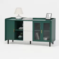 Modern Kitchen Pantry Storage Cabinet , 55 Inch Coffee Bar Storage Cabinet with 2 Drawers, 2 Open Storage Compartment & 2 Glass Doors, Wood Buffet Table for Kitchen, Living Room, Green