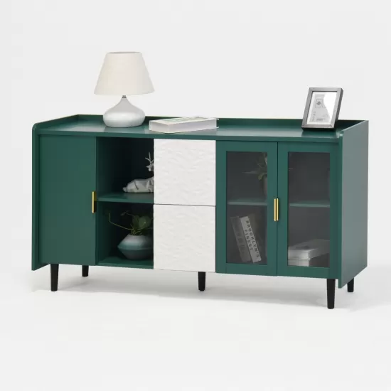 Modern Kitchen Pantry Storage Cabinet , 55 Inch Coffee Bar Storage Cabinet with 2 Drawers, 2 Open Storage Compartment & 2 Glass Doors, Wood Buffet Table for Kitchen, Living Room, Green Modern Kitchen Pantry Storage Cabinet , 55 Inch Coffee Bar Storage Cabinet with 2 Drawers, 2 Open Storage Compartment & 2 Glass Doors, Wood Buffet Table for Kitchen, Living Room, Green