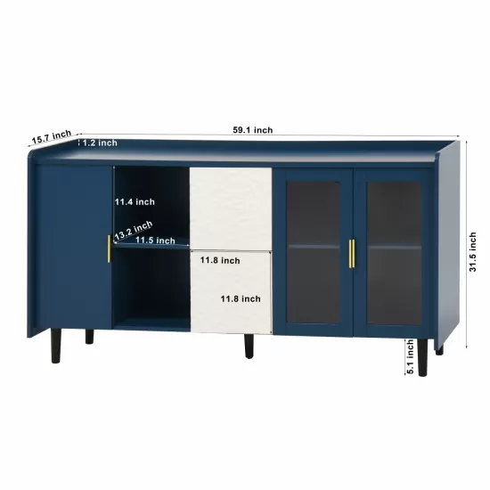 Modern Kitchen Pantry Storage Cabinet , 55 Inch Coffee Bar Storage Cabinet with 2 Drawers, 2 Open Storage Compartment & 2 Glass Doors, Wood Buffet Table for Kitchen, Living Room, Blue Modern Kitchen Pantry Storage Cabinet , 55 Inch Coffee Bar Storage Cabinet with 2 Drawers, 2 Open Storage Compartment & 2 Glass Doors, Wood Buffet Table for Kitchen, Living Room, Blue