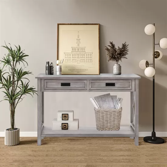 Whitewashed Wood 2-Drawer 1-Shelf Console and Entry Table Whitewashed Wood 2-Drawer 1-Shelf Console and Entry Table