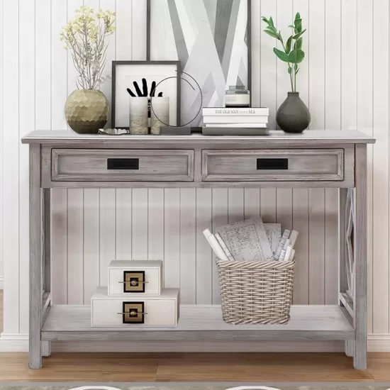 Whitewashed Wood 2-Drawer 1-Shelf Console and Entry Table Whitewashed Wood 2-Drawer 1-Shelf Console and Entry Table