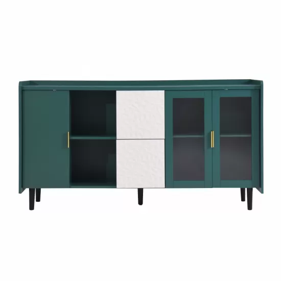 Modern Kitchen Pantry Storage Cabinet , 55 Inch Coffee Bar Storage Cabinet with 2 Drawers, 2 Open Storage Compartment & 2 Glass Doors, Wood Buffet Table for Kitchen, Living Room, Green Modern Kitchen Pantry Storage Cabinet , 55 Inch Coffee Bar Storage Cabinet with 2 Drawers, 2 Open Storage Compartment & 2 Glass Doors, Wood Buffet Table for Kitchen, Living Room, Green