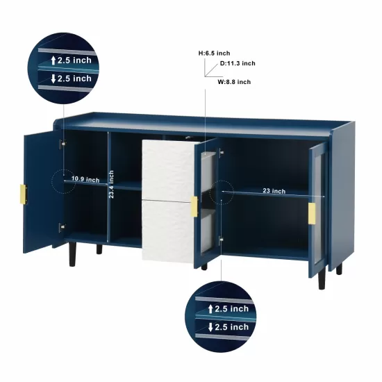 Modern Kitchen Pantry Storage Cabinet , 55 Inch Coffee Bar Storage Cabinet with 2 Drawers, 2 Open Storage Compartment & 2 Glass Doors, Wood Buffet Table for Kitchen, Living Room, Blue Modern Kitchen Pantry Storage Cabinet , 55 Inch Coffee Bar Storage Cabinet with 2 Drawers, 2 Open Storage Compartment & 2 Glass Doors, Wood Buffet Table for Kitchen, Living Room, Blue