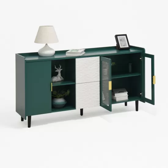 Modern Kitchen Pantry Storage Cabinet , 55 Inch Coffee Bar Storage Cabinet with 2 Drawers, 2 Open Storage Compartment & 2 Glass Doors, Wood Buffet Table for Kitchen, Living Room, Green Modern Kitchen Pantry Storage Cabinet , 55 Inch Coffee Bar Storage Cabinet with 2 Drawers, 2 Open Storage Compartment & 2 Glass Doors, Wood Buffet Table for Kitchen, Living Room, Green
