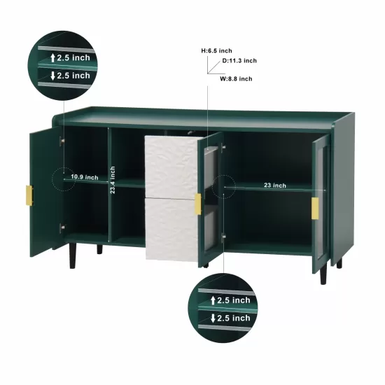 Modern Kitchen Pantry Storage Cabinet , 55 Inch Coffee Bar Storage Cabinet with 2 Drawers, 2 Open Storage Compartment & 2 Glass Doors, Wood Buffet Table for Kitchen, Living Room, Green Modern Kitchen Pantry Storage Cabinet , 55 Inch Coffee Bar Storage Cabinet with 2 Drawers, 2 Open Storage Compartment & 2 Glass Doors, Wood Buffet Table for Kitchen, Living Room, Green