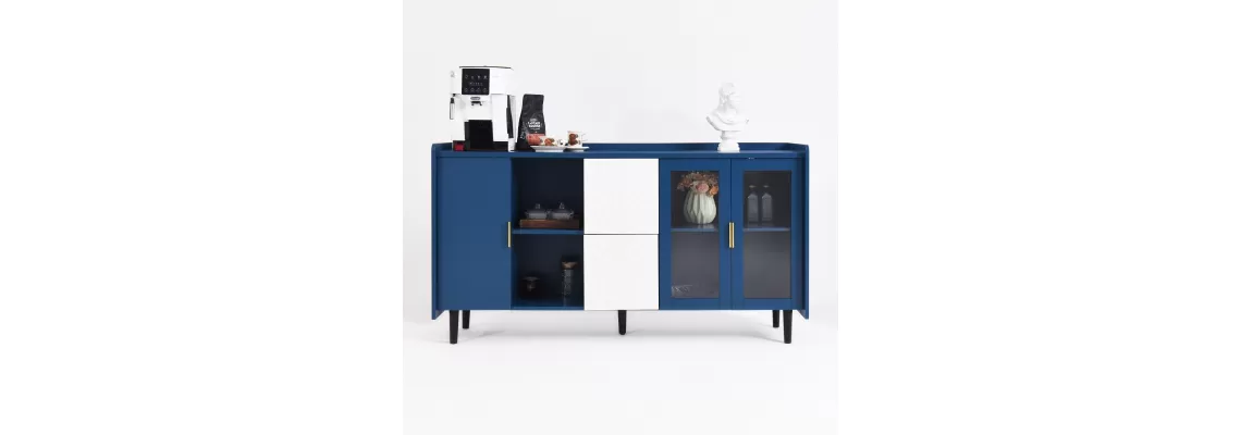 Modern Blue Kitchen Pantry Storage Cabinet with Glass Doors and Drawers - Perfect for Coffee Bar and Living Room