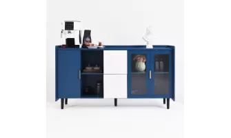 Modern Blue Kitchen Pantry Storage Cabinet with Glass Doors and Drawers - Perfect for Coffee Bar and Living Room