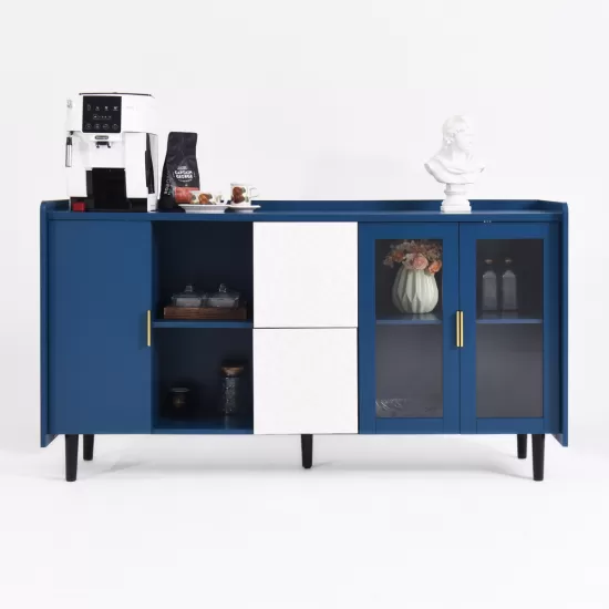 Modern Kitchen Pantry Storage Cabinet , 55 Inch Coffee Bar Storage Cabinet with 2 Drawers, 2 Open Storage Compartment & 2 Glass Doors, Wood Buffet Table for Kitchen, Living Room, Blue Modern Kitchen Pantry Storage Cabinet , 55 Inch Coffee Bar Storage Cabinet with 2 Drawers, 2 Open Storage Compartment & 2 Glass Doors, Wood Buffet Table for Kitchen, Living Room, Blue