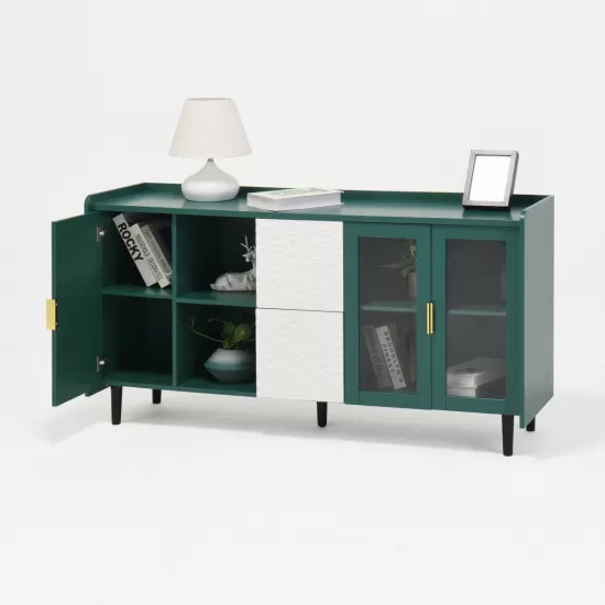Modern Kitchen Pantry Storage Cabinet , 55 Inch Coffee Bar Storage Cabinet with 2 Drawers, 2 Open Storage Compartment & 2 Glass Doors, Wood Buffet Table for Kitchen, Living Room, Green Modern Kitchen Pantry Storage Cabinet , 55 Inch Coffee Bar Storage Cabinet with 2 Drawers, 2 Open Storage Compartment & 2 Glass Doors, Wood Buffet Table for Kitchen, Living Room, Green
