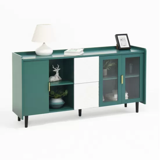 Modern Kitchen Pantry Storage Cabinet , 55 Inch Coffee Bar Storage Cabinet with 2 Drawers, 2 Open Storage Compartment & 2 Glass Doors, Wood Buffet Table for Kitchen, Living Room, Green Modern Kitchen Pantry Storage Cabinet , 55 Inch Coffee Bar Storage Cabinet with 2 Drawers, 2 Open Storage Compartment & 2 Glass Doors, Wood Buffet Table for Kitchen, Living Room, Green