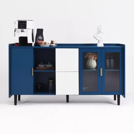 Modern Kitchen Pantry Storage Cabinet , 55 Inch Coffee Bar Storage Cabinet with 2 Drawers, 2 Open Storage Compartment & 2 Glass Doors, Wood Buffet Table for Kitchen, Living Room, Blue Modern Kitchen Pantry Storage Cabinet , 55 Inch Coffee Bar Storage Cabinet with 2 Drawers, 2 Open Storage Compartment & 2 Glass Doors, Wood Buffet Table for Kitchen, Living Room, Blue