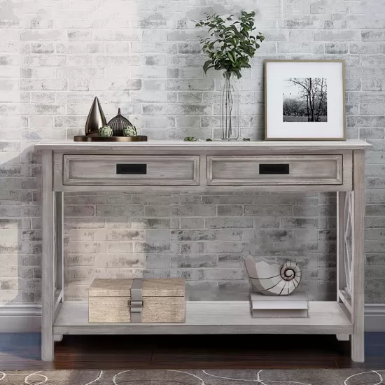 Whitewashed Wood 2-Drawer 1-Shelf Console and Entry Table Whitewashed Wood 2-Drawer 1-Shelf Console and Entry Table
