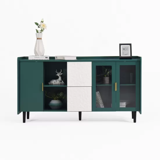 Modern Kitchen Pantry Storage Cabinet , 55 Inch Coffee Bar Storage Cabinet with 2 Drawers, 2 Open Storage Compartment & 2 Glass Doors, Wood Buffet Table for Kitchen, Living Room, Green Modern Kitchen Pantry Storage Cabinet , 55 Inch Coffee Bar Storage Cabinet with 2 Drawers, 2 Open Storage Compartment & 2 Glass Doors, Wood Buffet Table for Kitchen, Living Room, Green