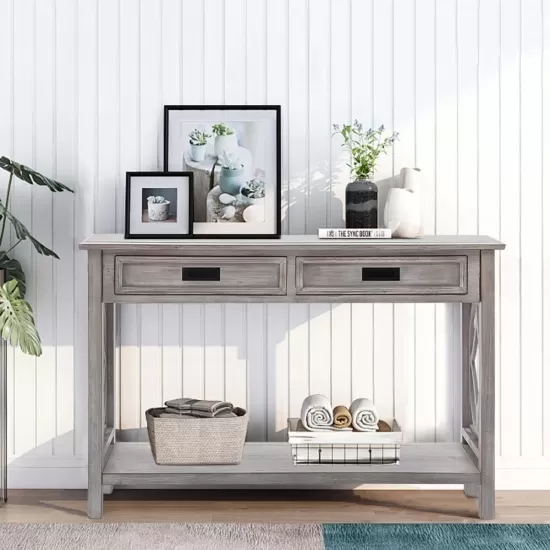 Whitewashed Wood 2-Drawer 1-Shelf Console and Entry Table Whitewashed Wood 2-Drawer 1-Shelf Console and Entry Table